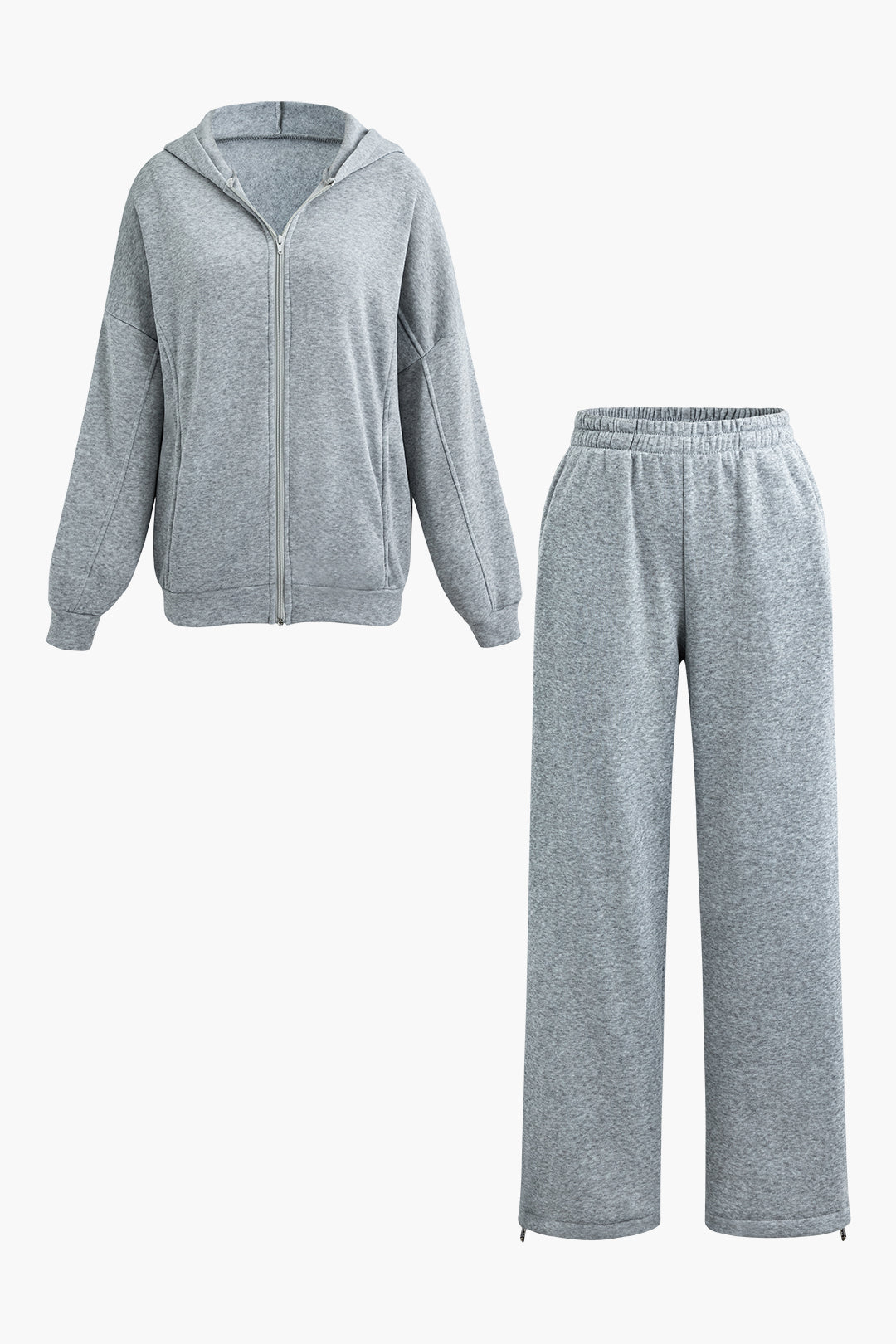 Basic Zipper Hooded Sweatshirt And Drawstring Sweatpants Set