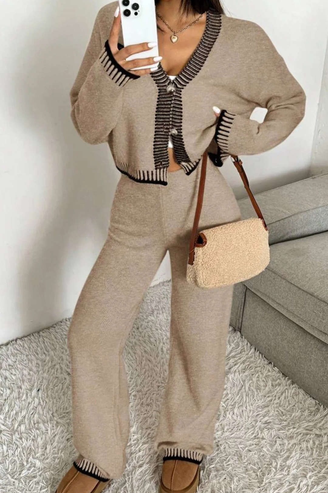 Knit Contrast Binding Button Cardigan And Straight Leg Pants Set
