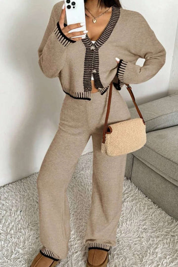 Knit Contrast Binding Button Cardigan And Straight Leg Pants Set