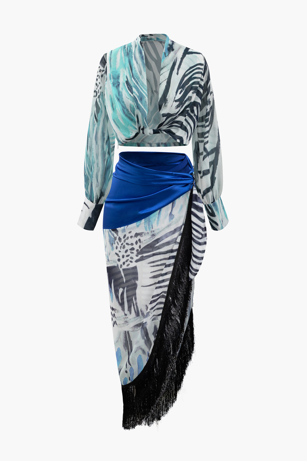 Printed Lantern Sleeve Twist Hem Shirt And Asymmetric Fringe Skirt Set