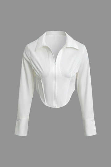 Solid Zipper Collared Long Sleeve Crop Shirt