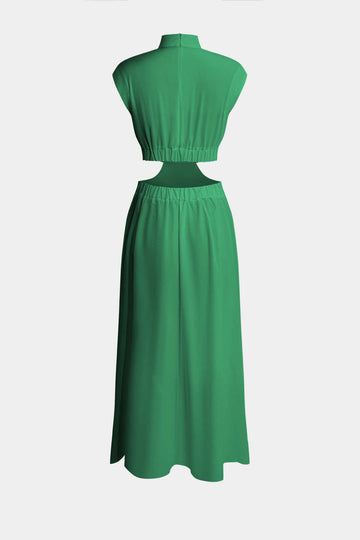 Mock Neck Cut Out Pleated Maxi Dress