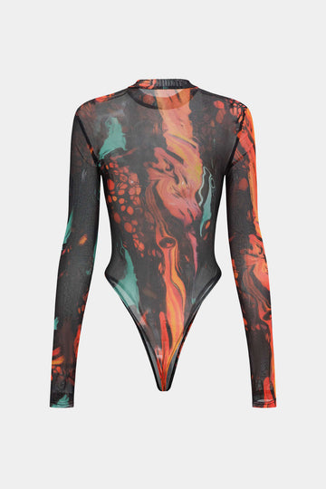 Mesh Tie Dye Print Long Sleeve Bodysuit