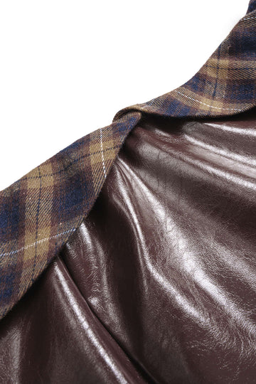 Faux Leather Patchwork Plaid Print Off Shoulder Zipper Long Sleeve Mini Dress