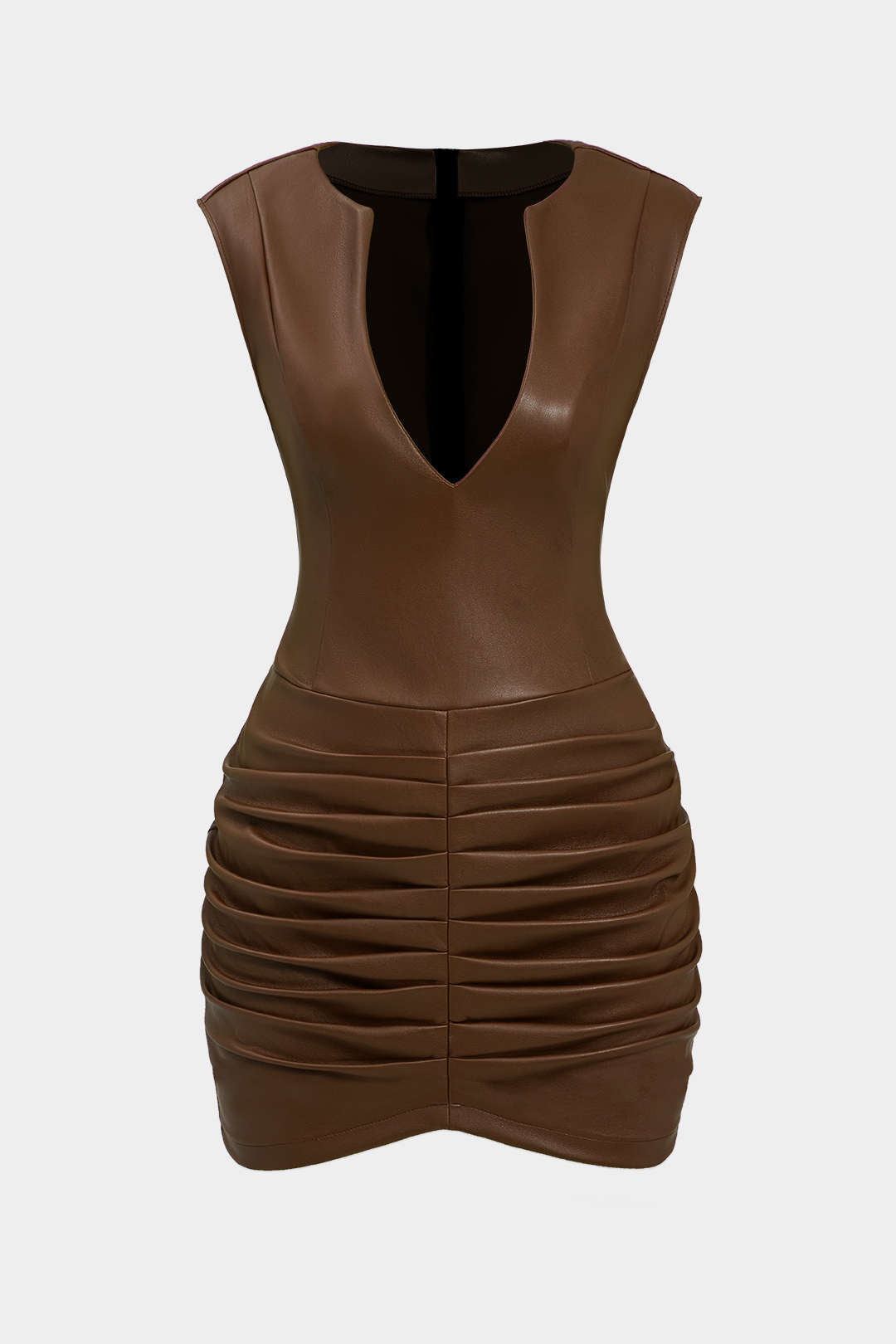 Ruched Faux Leather V-Neck Bodycon Mini Dress