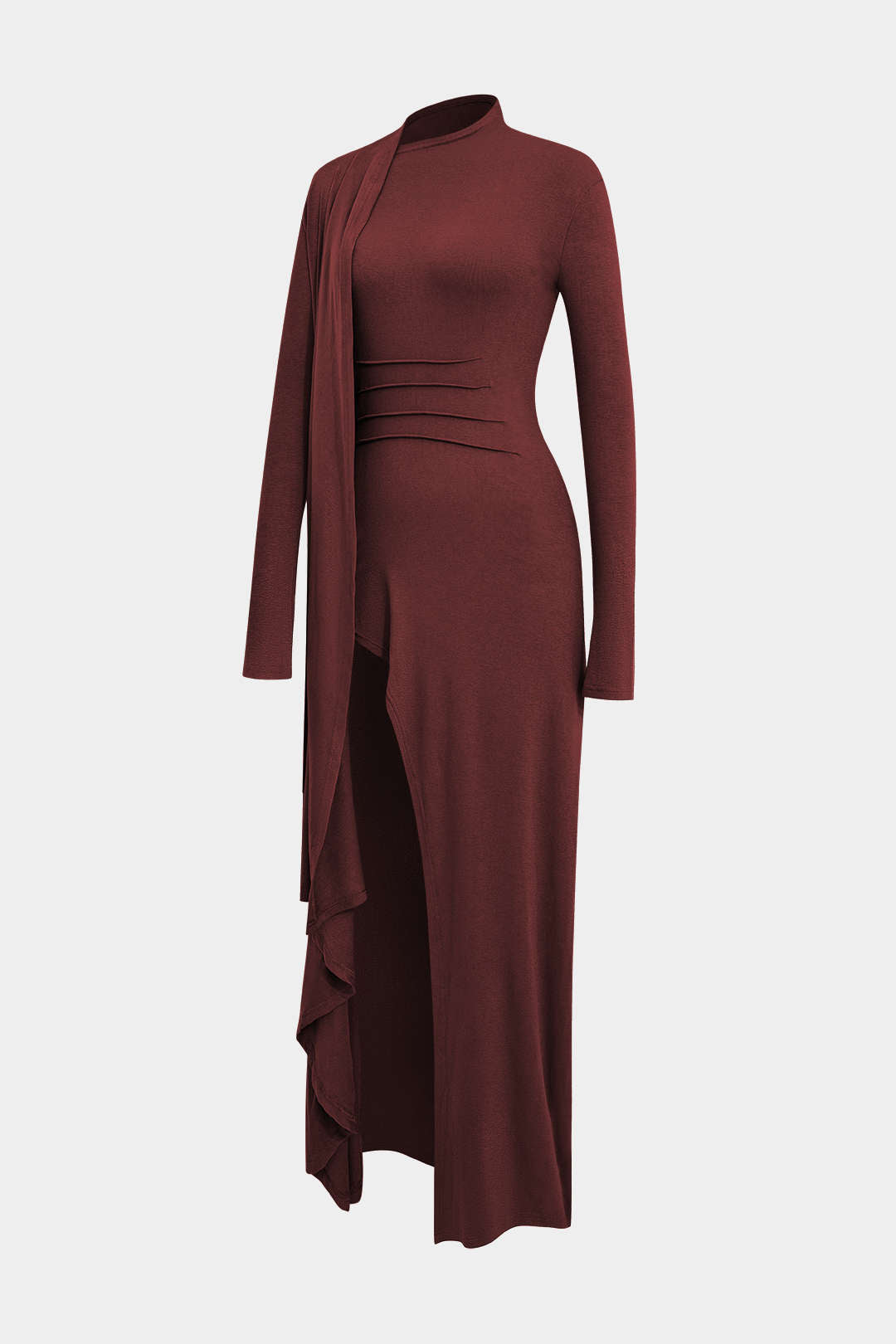 Mock Neck Wrap Ruched Long Sleeve Slit Maxi Dress