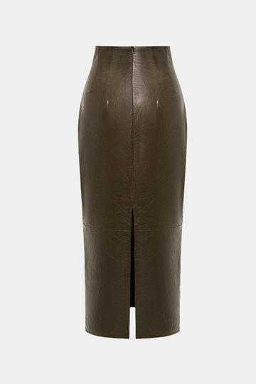 Basic Solid Faux Leather Midi Skirt