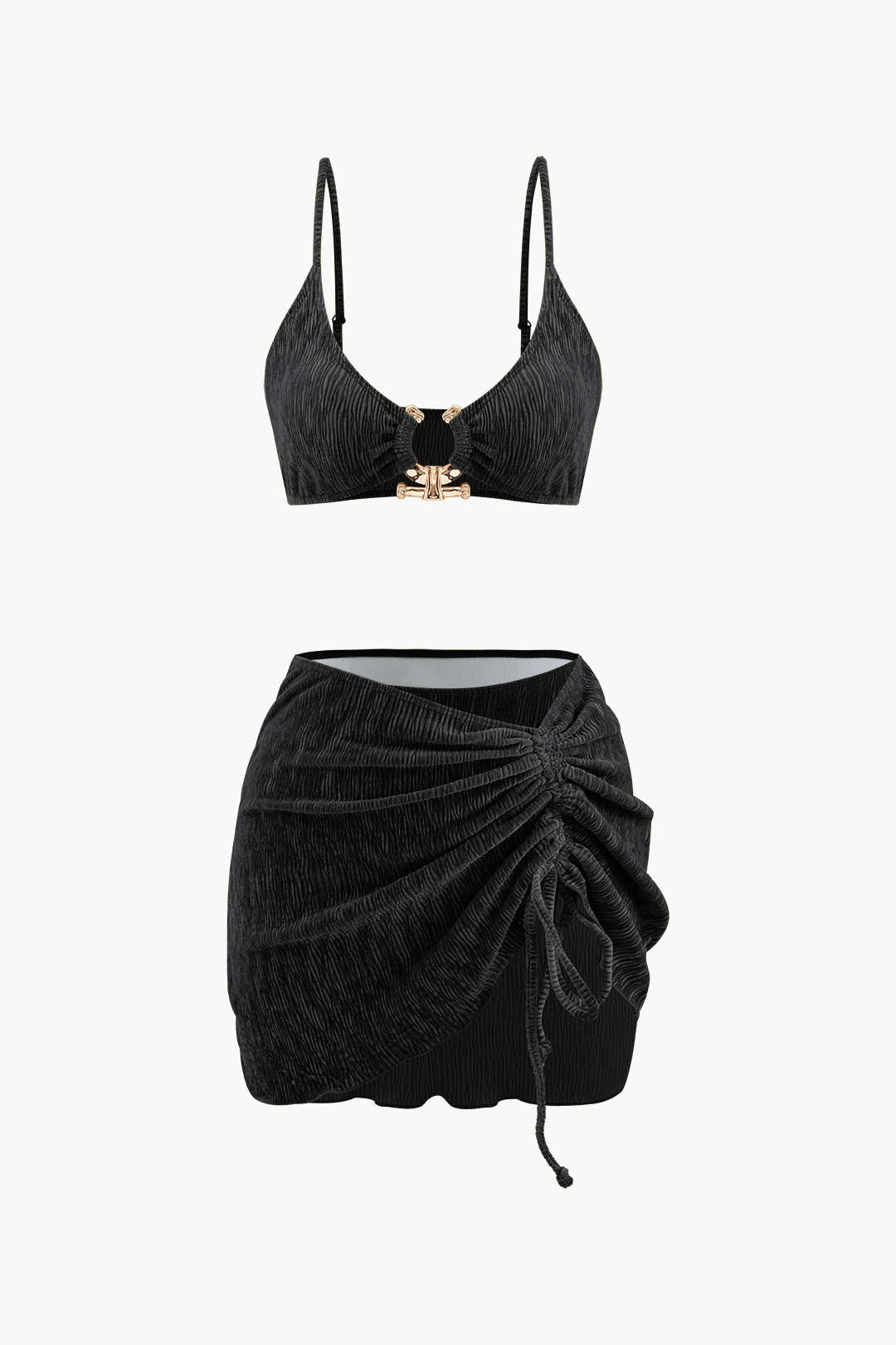 Velvet Textured U-ring Bikini And Sarong 3pc Set