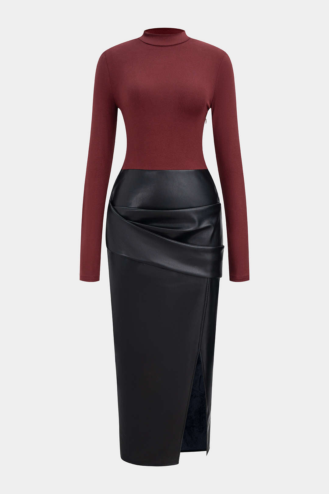 Faux Leather Patchwork Mock Neck Ruched Long Sleeve Midi Dress