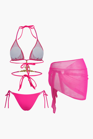 Halter Neck Bikini with Jeweled Accents and Sheer Wrap Skirt Bikini Set