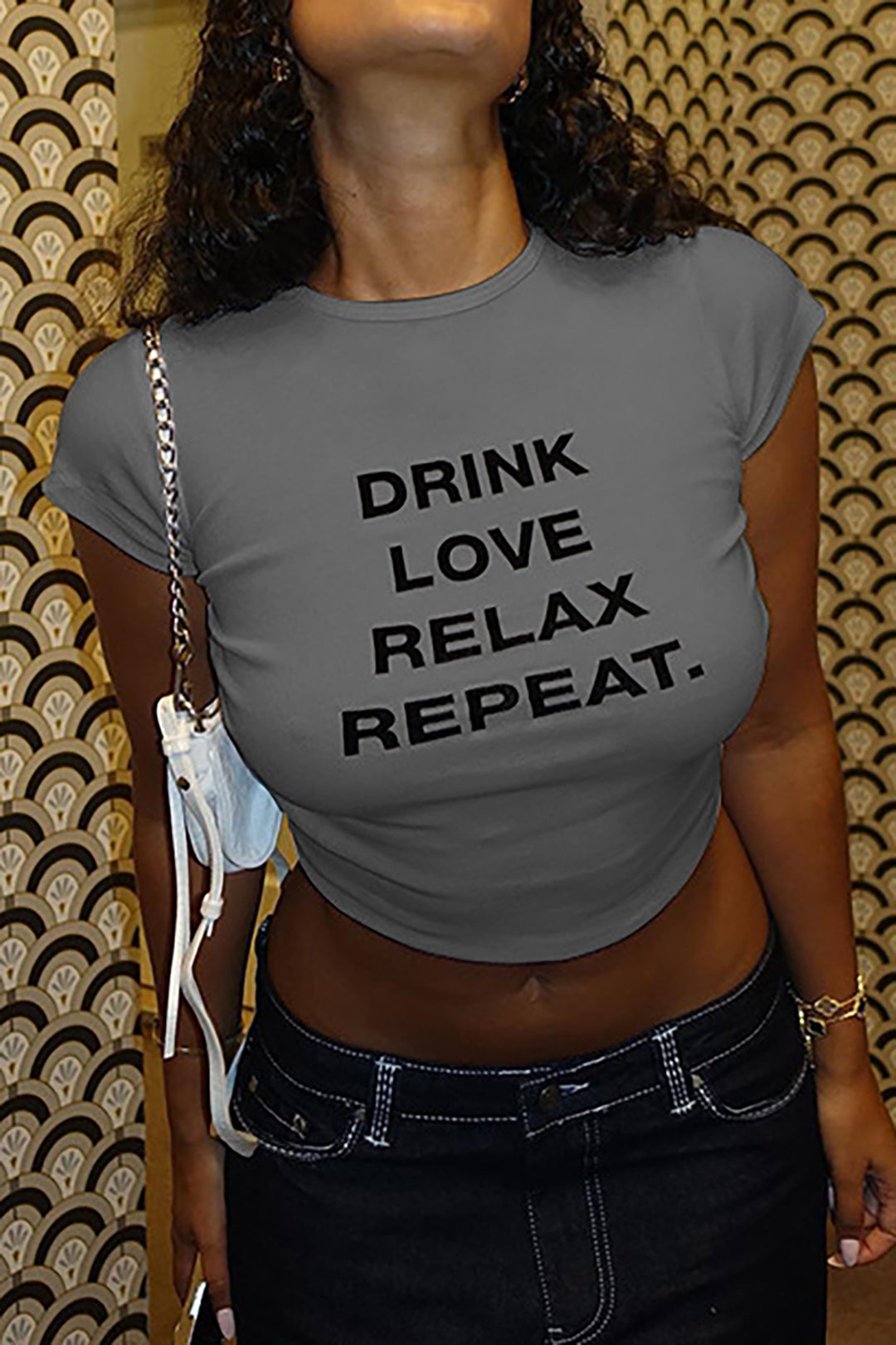 DRINK LOVE RELAX REPEAT Letter Print Ruched Cut Out T-shirt