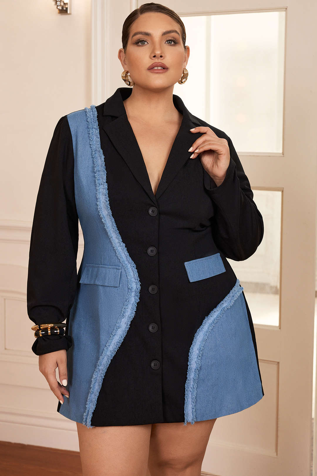 Plus Size Denim Notched Lapel Button Patchwork Blazer Mini Dress