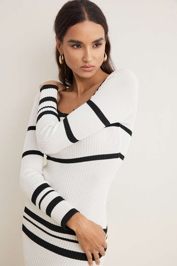 Knit Round Neck Contrast Long Sleeve Midi Dress