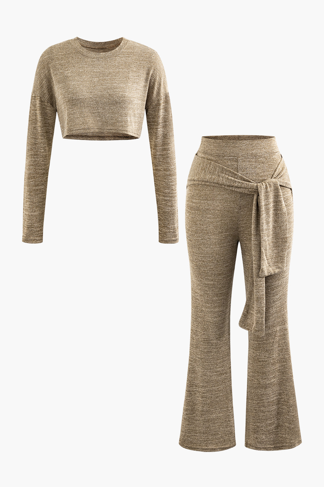 Knit Long Sleeve Crop Top And Knot Front Flared Pants Set
