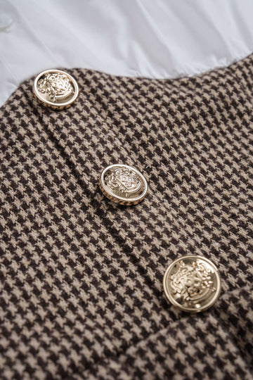 Houndstooth Print Patchwork Pleated High Waist Long-Sleeve Mini Dress