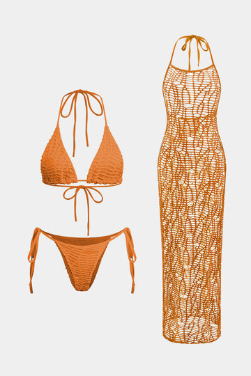 Textured Halter Neck Bikini And Open Knit Cover Up Set