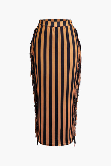 Knotted V-neck Long Sleeve Top And Stripe Tassel Maxi Skirt Set