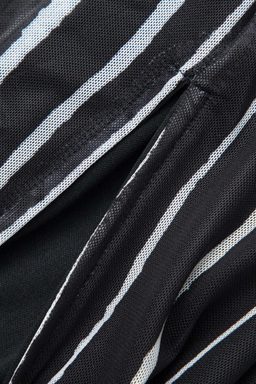 Contrast Line Print Mesh Ruched Slit Sleeveless Maxi Dress