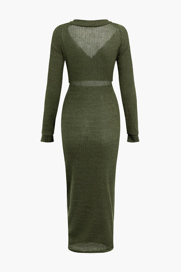 Solid Ribbed Cut Out Twist Long Sleeve Midi Dress