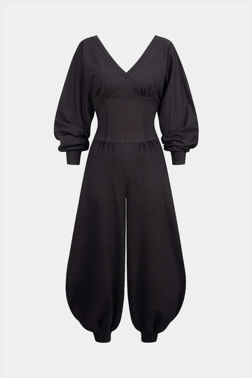 Solid High Waist Long Sleeve Jumpsuit