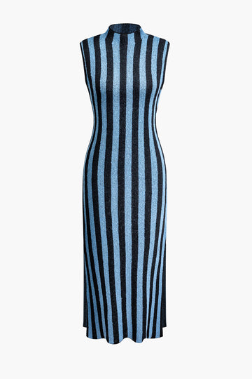 Vertical Stripe Mock Neck Knit Slit Sleeveless Midi Dress