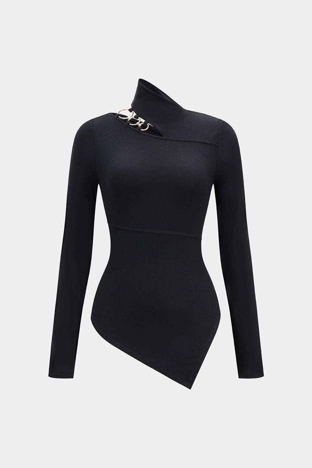 Metallic Ring Asymmetrical Long-Sleeve Top