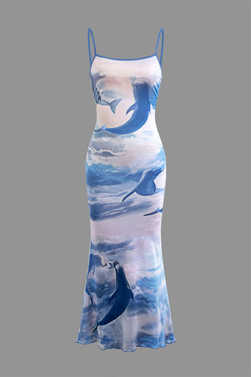 Dolphin Print Mesh Slip Midi Dress