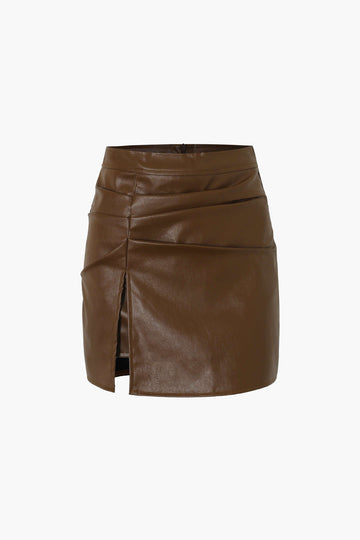 Faux Leather Pleated Slit Mini Skirt