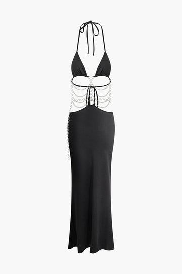 Tie Halter Cut Out Ruched Chain Slit Maxi Dress