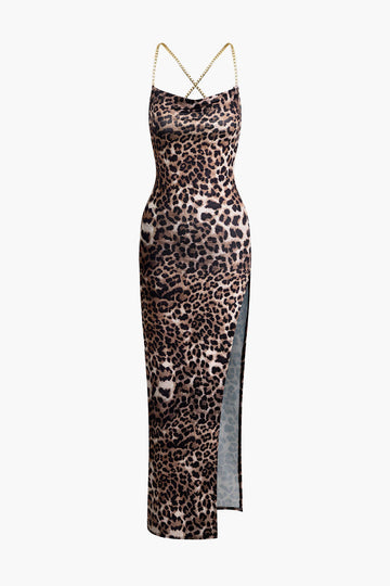 Leopard Print Cross Chain Backless Cowl Neck Slit Maxi Dress