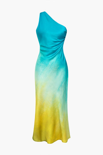 Ombre Print Satin Asymmetrical Maxi Dress