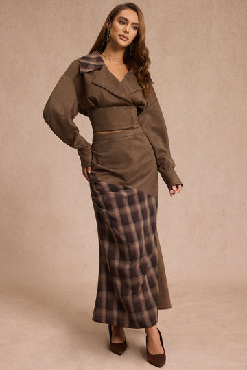 Suede Patchwork Notched Lapel Long-Sleeve Top