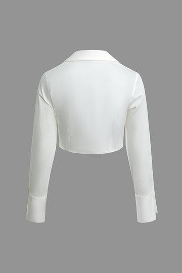 Solid Zipper Collared Long Sleeve Crop Shirt