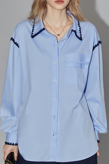 Embroidered Trim Chest Pocket Long Sleeve Shirt