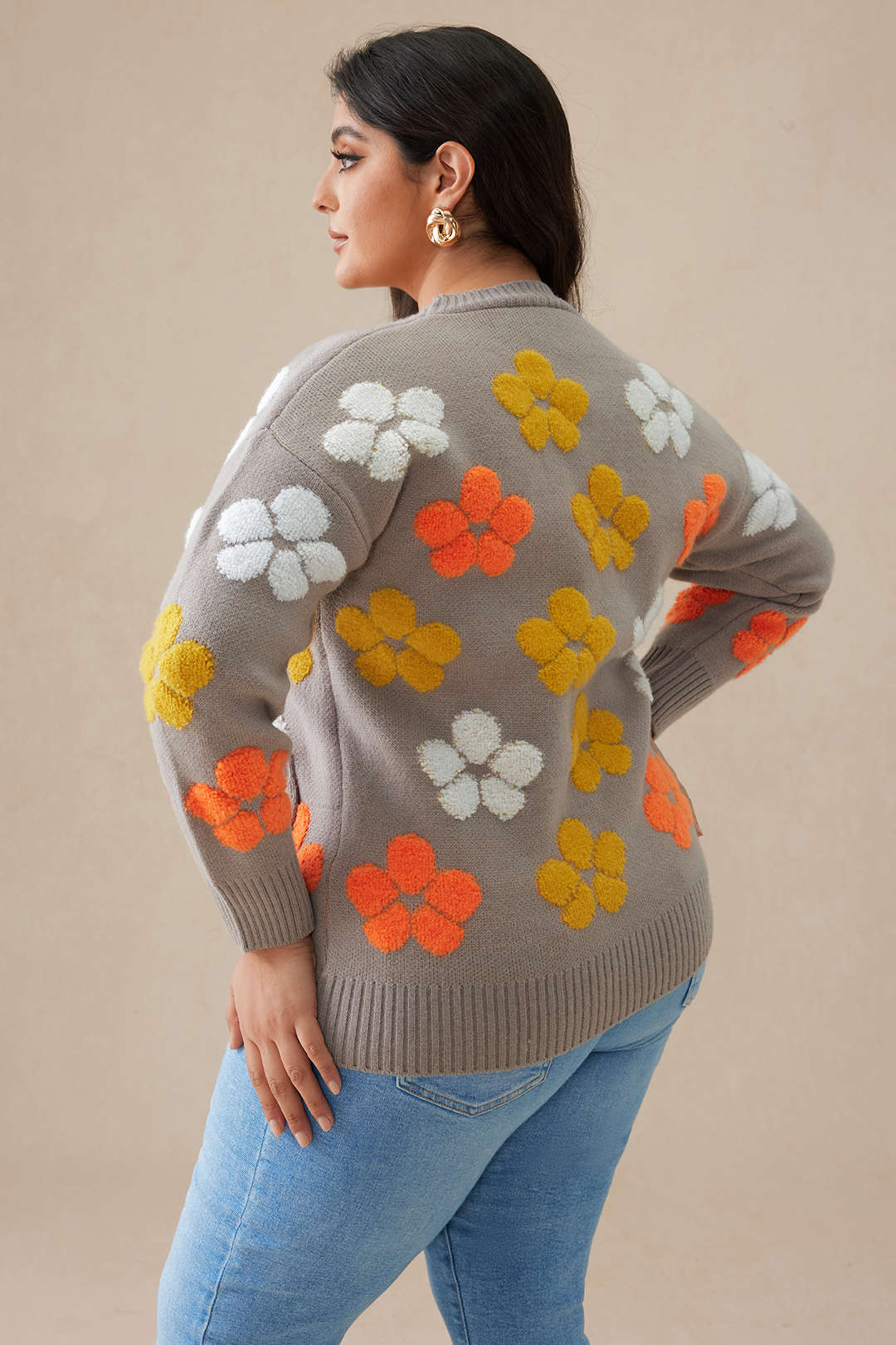 Plus Size Floral Pattern Knit Button Cardigan