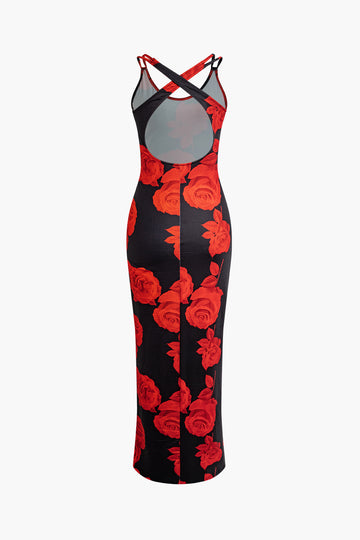 Floral Print Criss Cross Backless Slip Maxi Dress