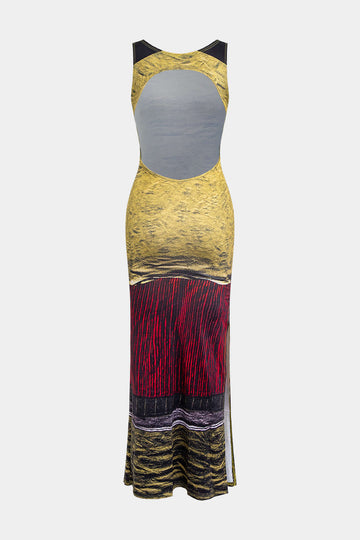 Mouwloze, rugloze maxi-jurk met split en abstracte print