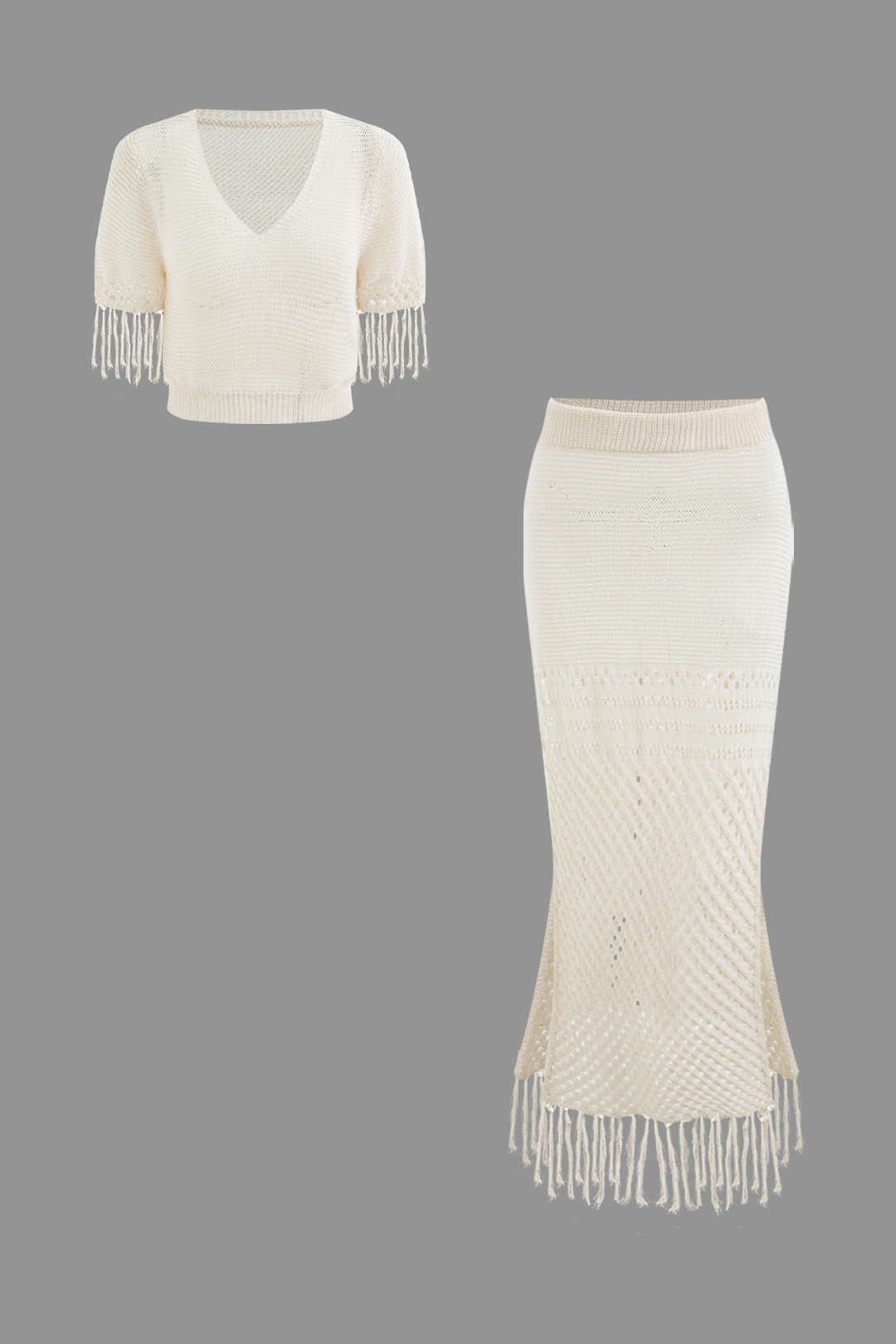 Solid Knit Fringe Crop Top And Slit Midi Skirt Set