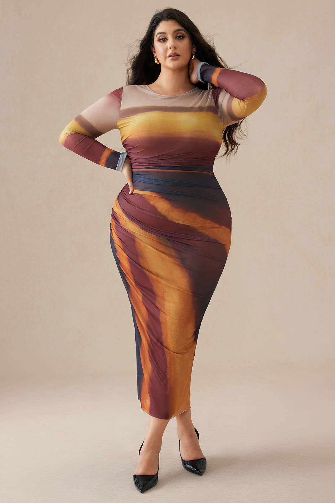 Plus Size Ombre Print Mesh Long Sleeve Round Neck Midi Dress