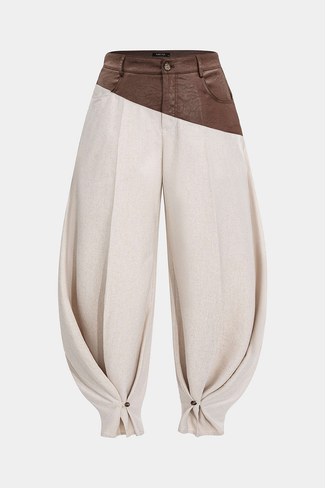 Plus Size Faux Leather Linen Patchwork Ruched Trousers