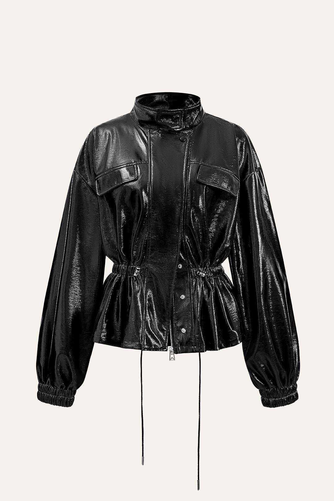 Faux Leather Drawstring Pocket Jacket