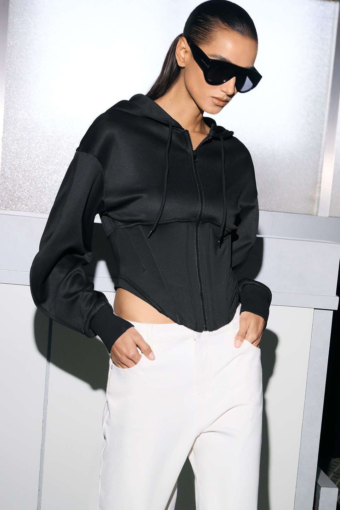 Zipper Drawstring Corset Hoodie