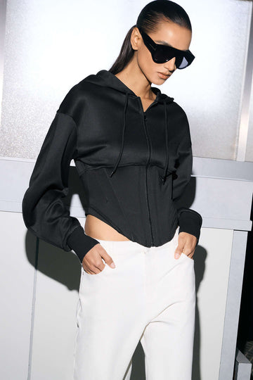 Zipper Drawstring Corset Hoodie