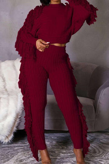 Plus Size Solid Knit Fringe Pants Set