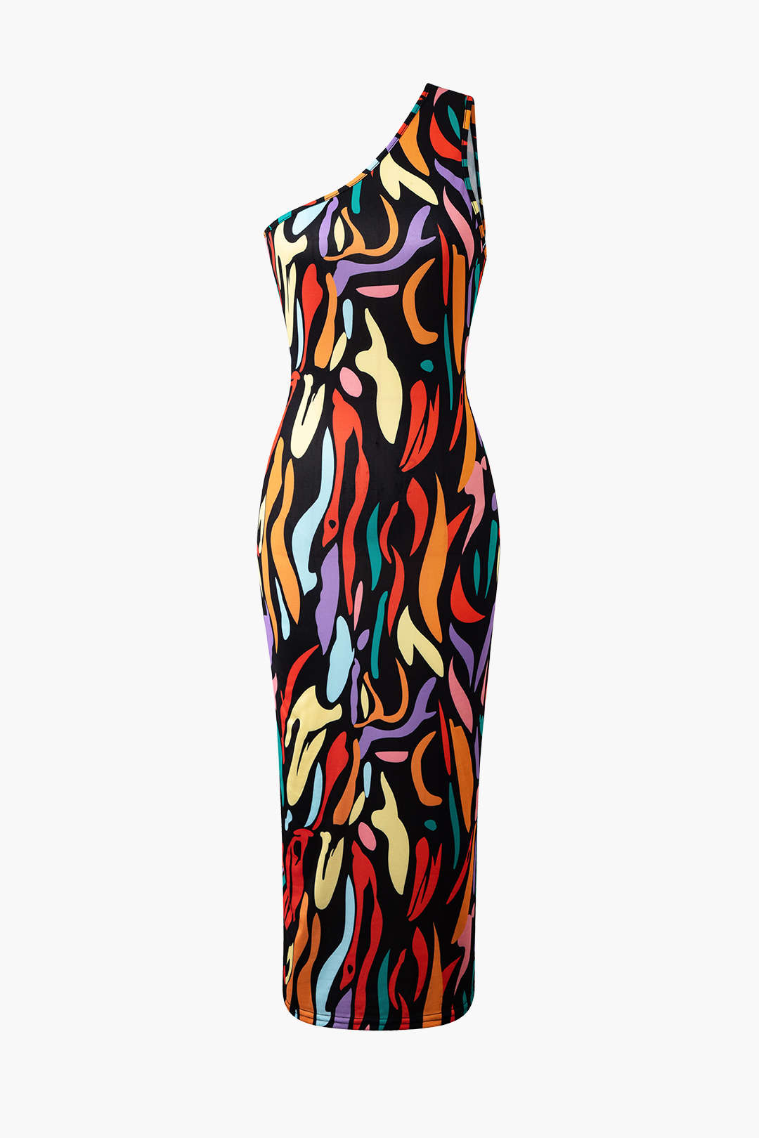 Abstract Print One Shoulder Cut Out Midi Dress