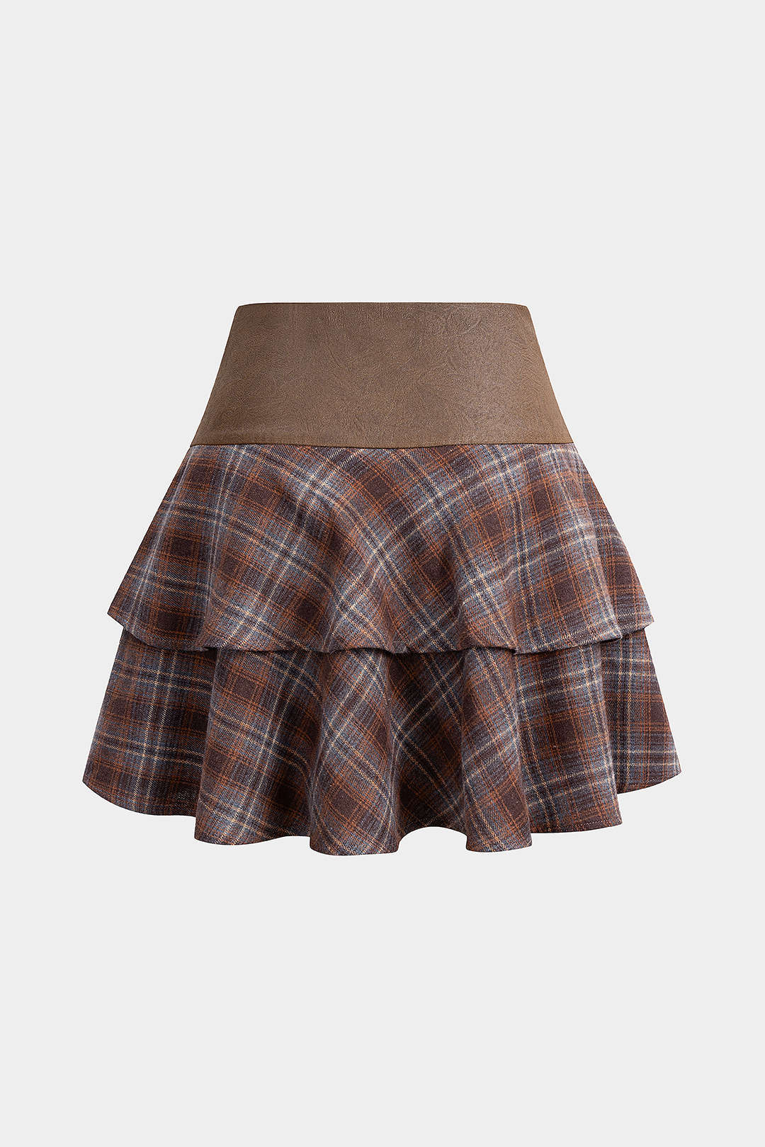 Plaid Print Faux Leather Patchwork Layered Ruffle Hem Skirt