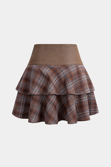 Plaid Print Faux Leather Patchwork Layered Ruffle Hem Skirt
