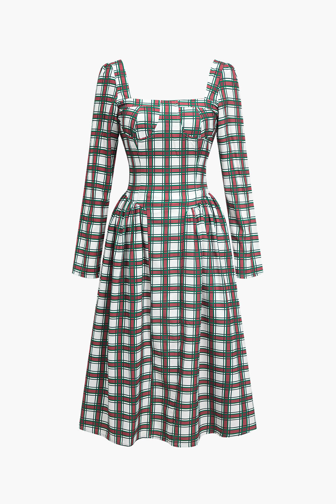 Plaid Print Bustier Long Sleeve Midi Dress