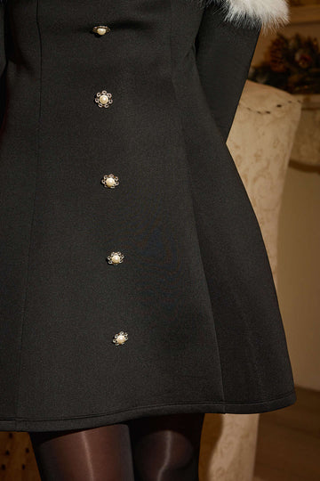 Fur Trim Patchwork Off-Shoulder Button Long Sleeve Mini Dress