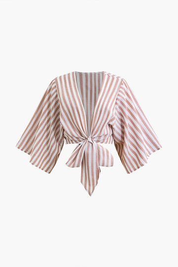 Striped Knot Deep V-Neck Crop Short Sleeve Shirt